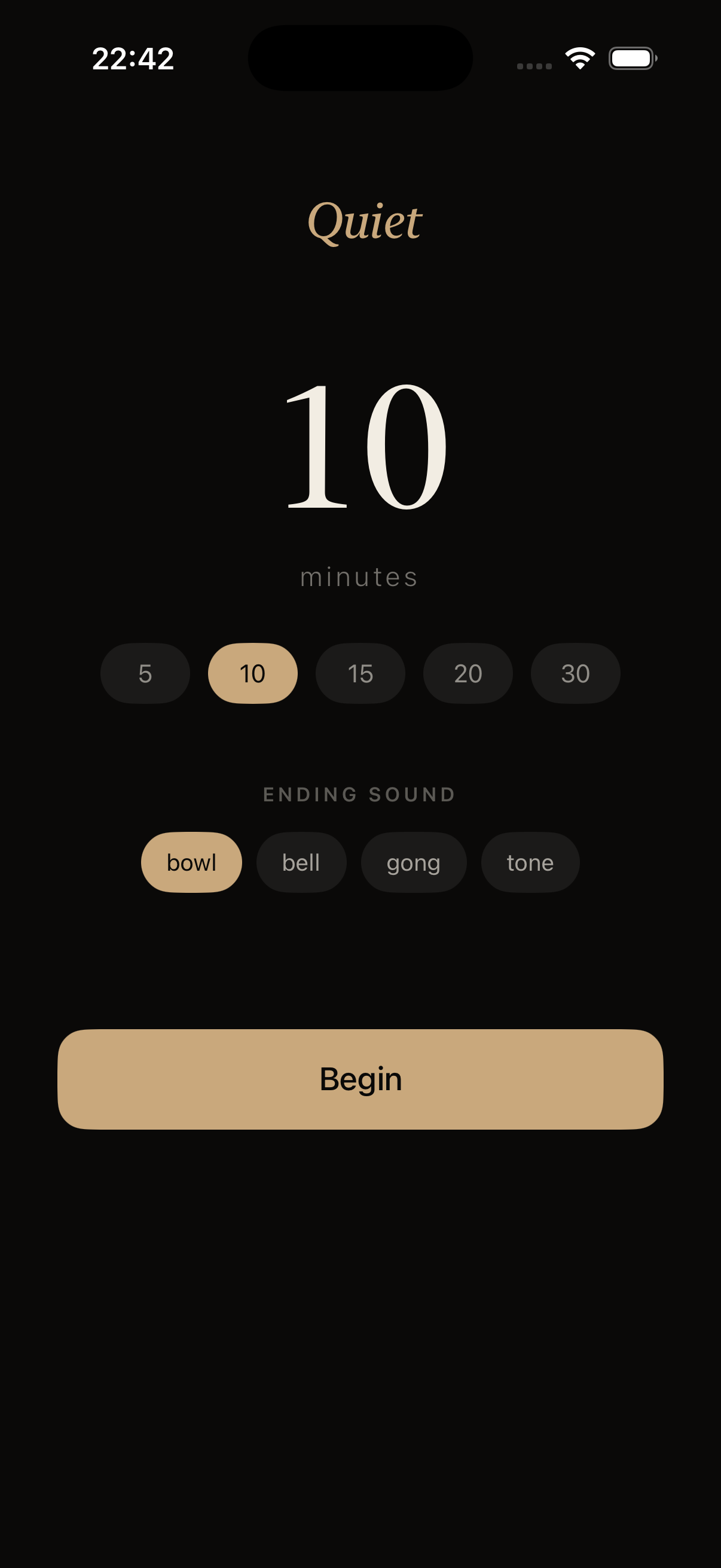 Quiet — Timer setup screen